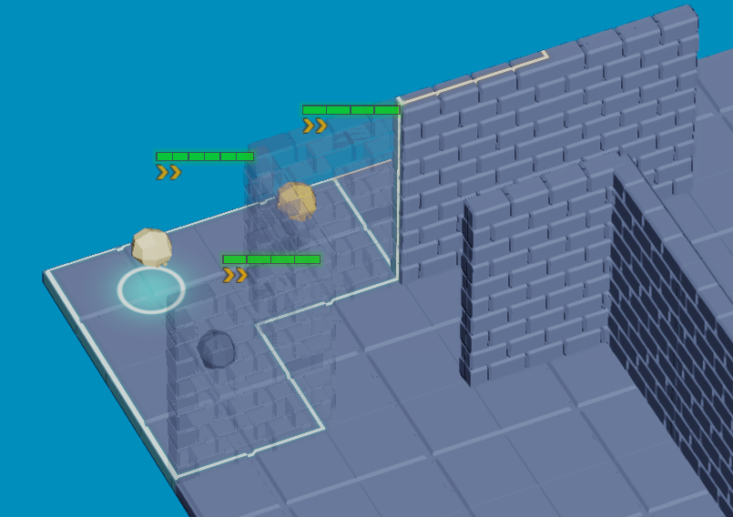 Transparent wall revealing the units and the ring / move-zone overlays.